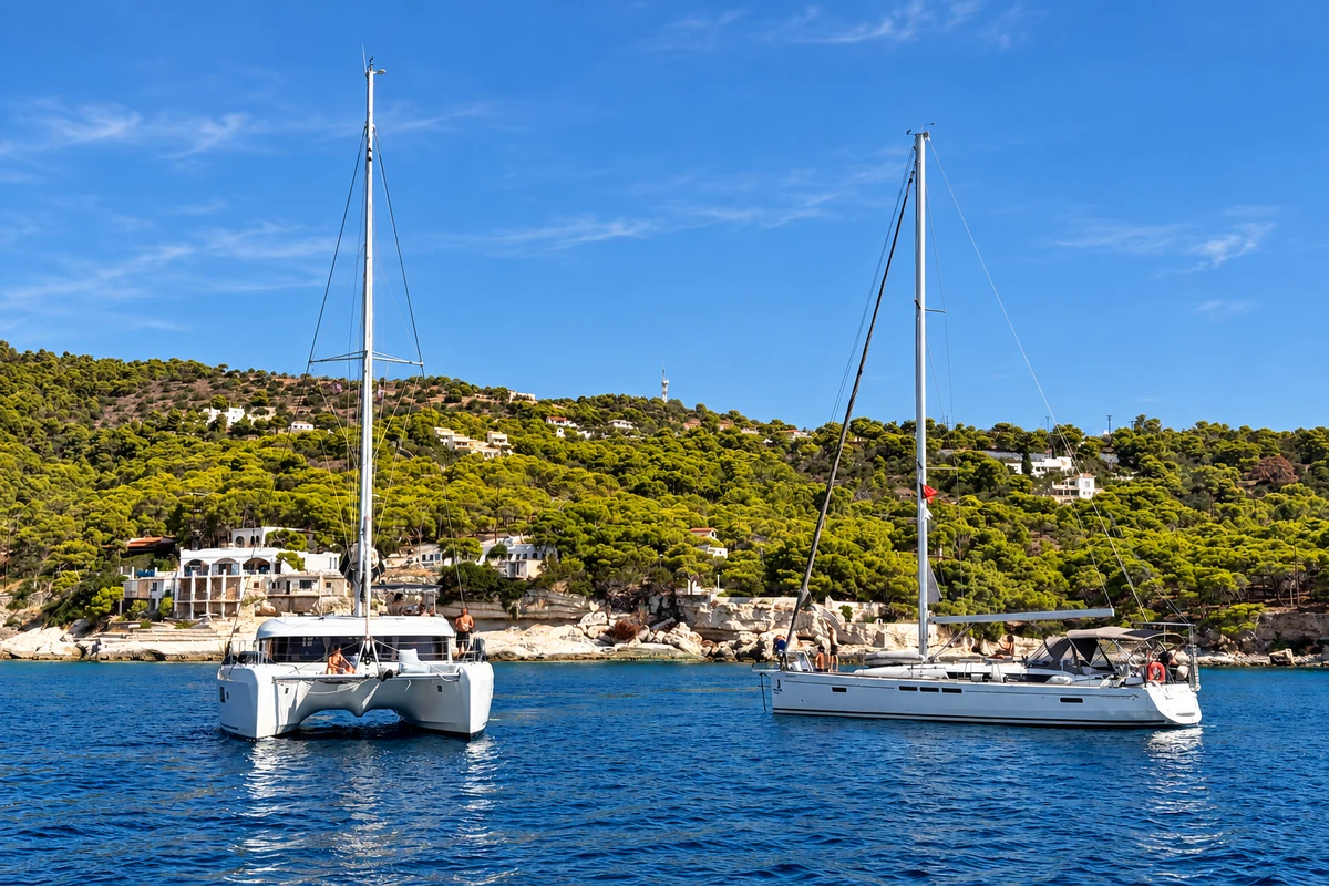 Plano geral de um catamarã e de um veleiro junto à costa, com participantes vistos à distância, na Sailing Week Grécia Sarónicas 2026.