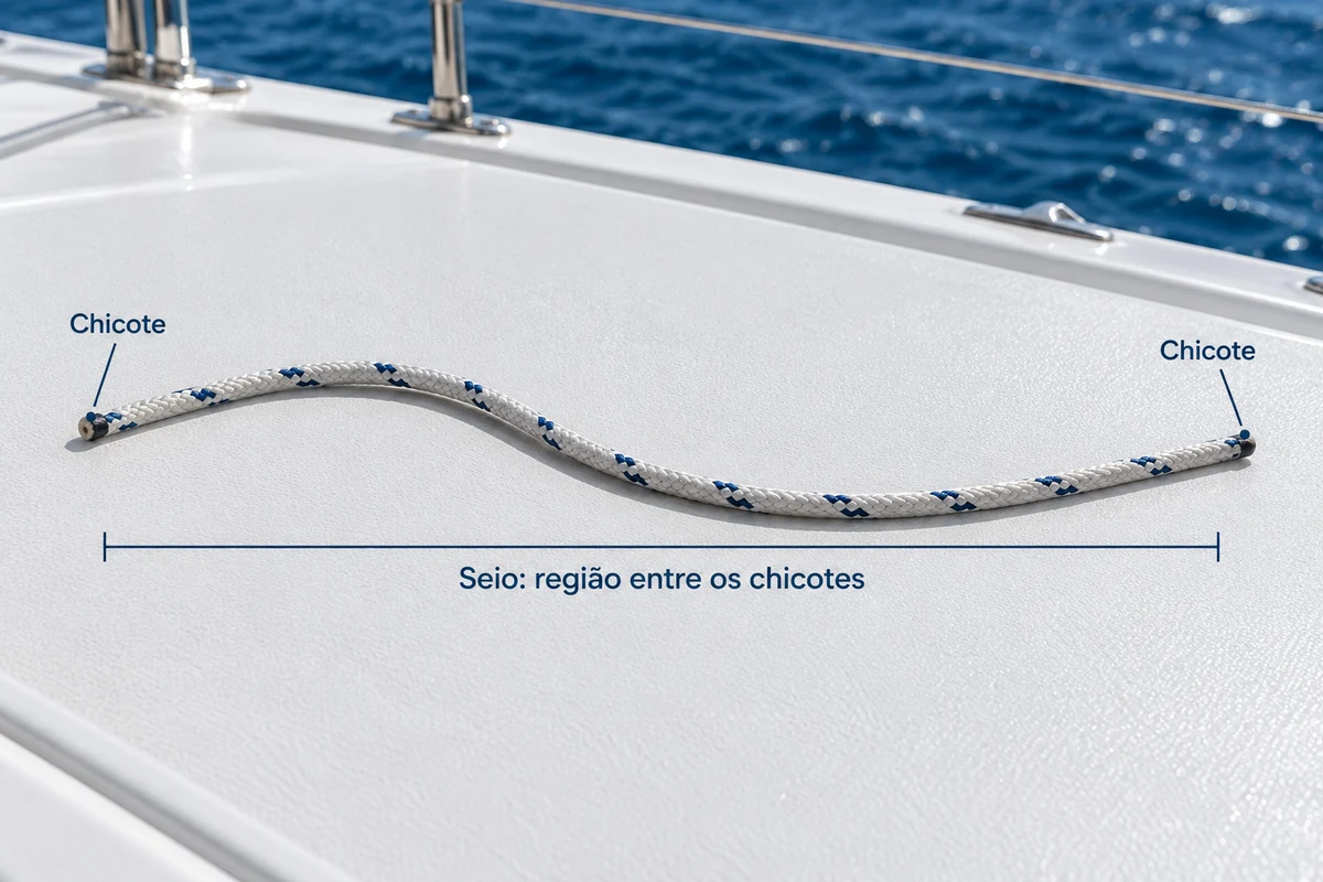 Cabo branco com marcas azuis pousado no convés, com os dois chicotes identificados e o seio indicado entre eles.