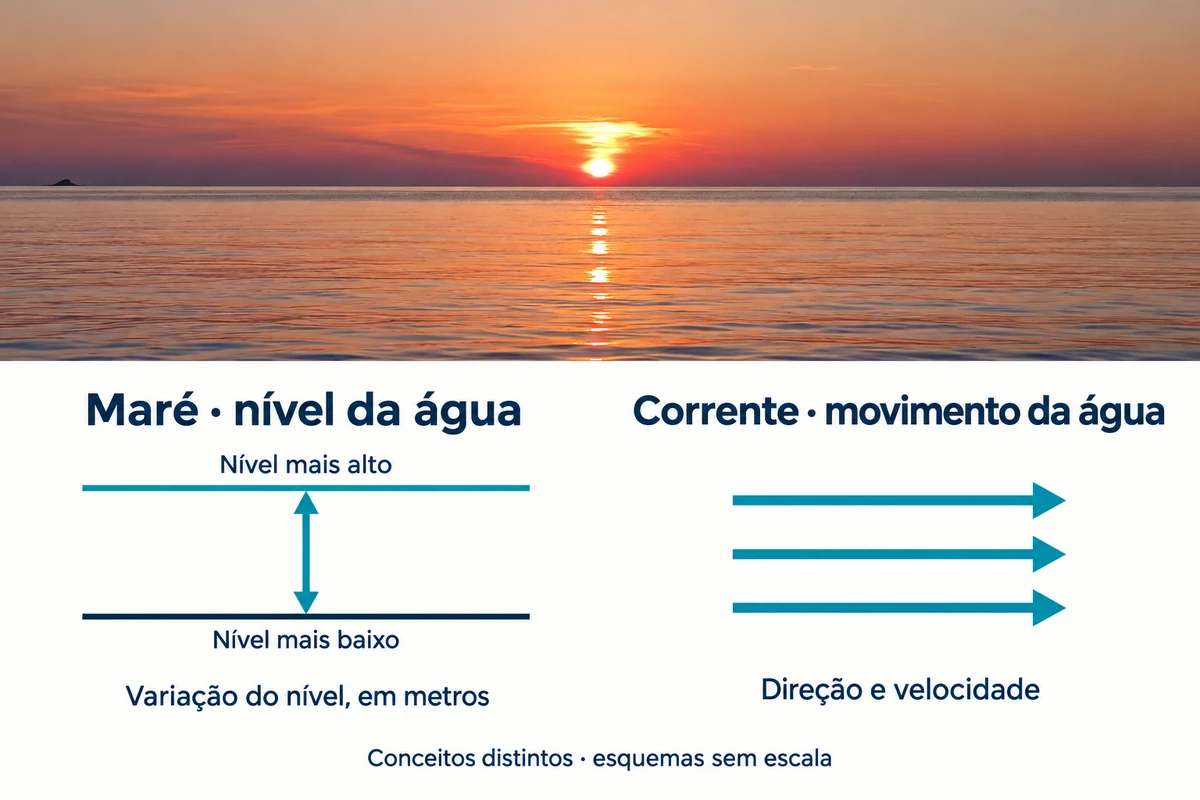 Fotografia do mar ao pôr do sol na Sardenha, com esquemas separados da variação vertical do nível da água e do movimento horizontal da corrente.