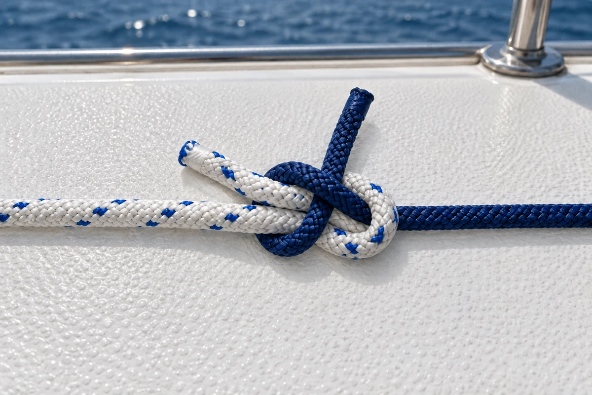 Nó de escota em dois cabos: o branco forma uma dobra em U e o azul contorna as suas duas pernadas, rematando sob si próprio.