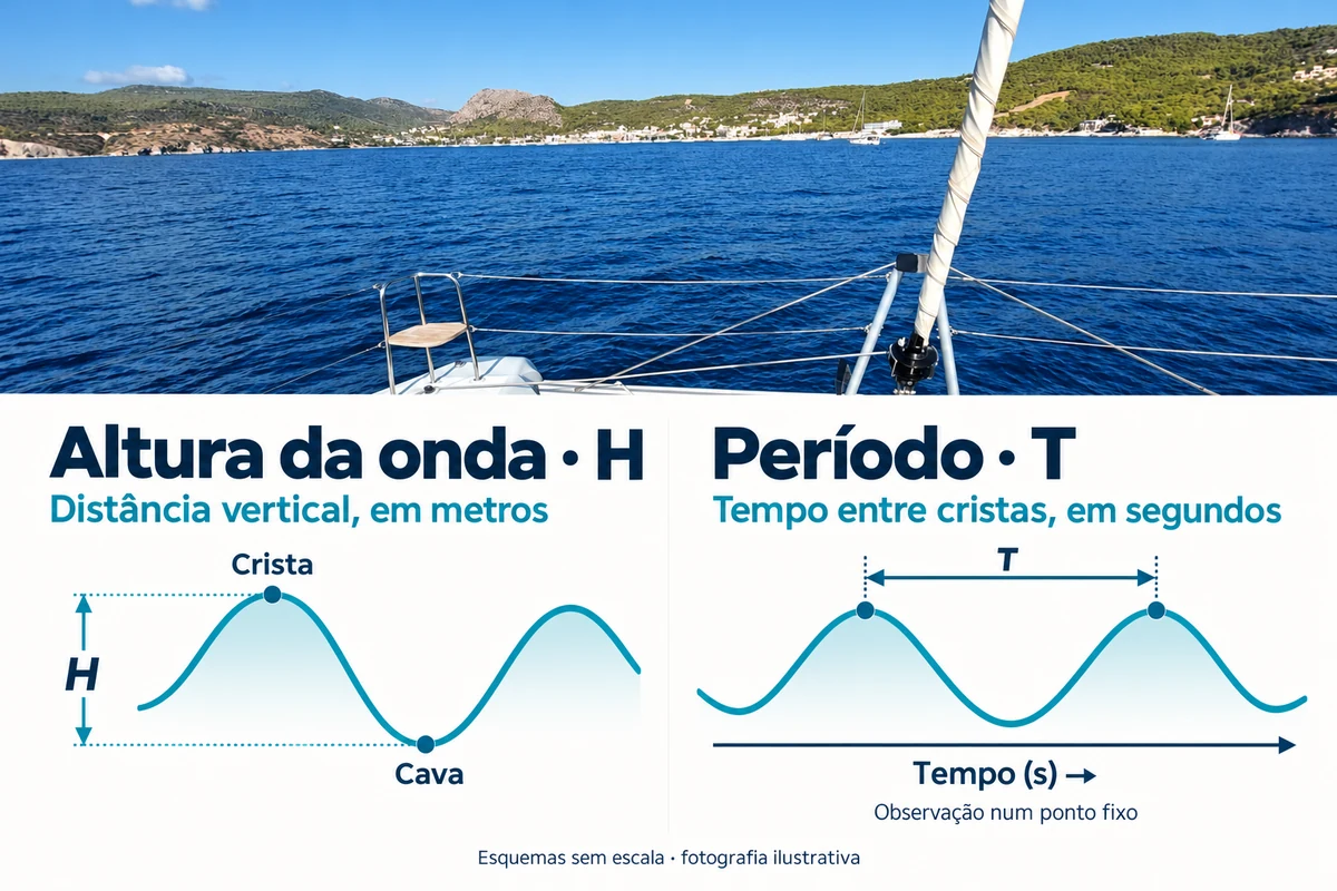 Fotografia da proa de um catamarã nas Sarónicas, sem pessoas, com dois esquemas: altura H entre cava e crista e período T entre cristas sucessivas num ponto fixo, num eixo de tempo em segundos.