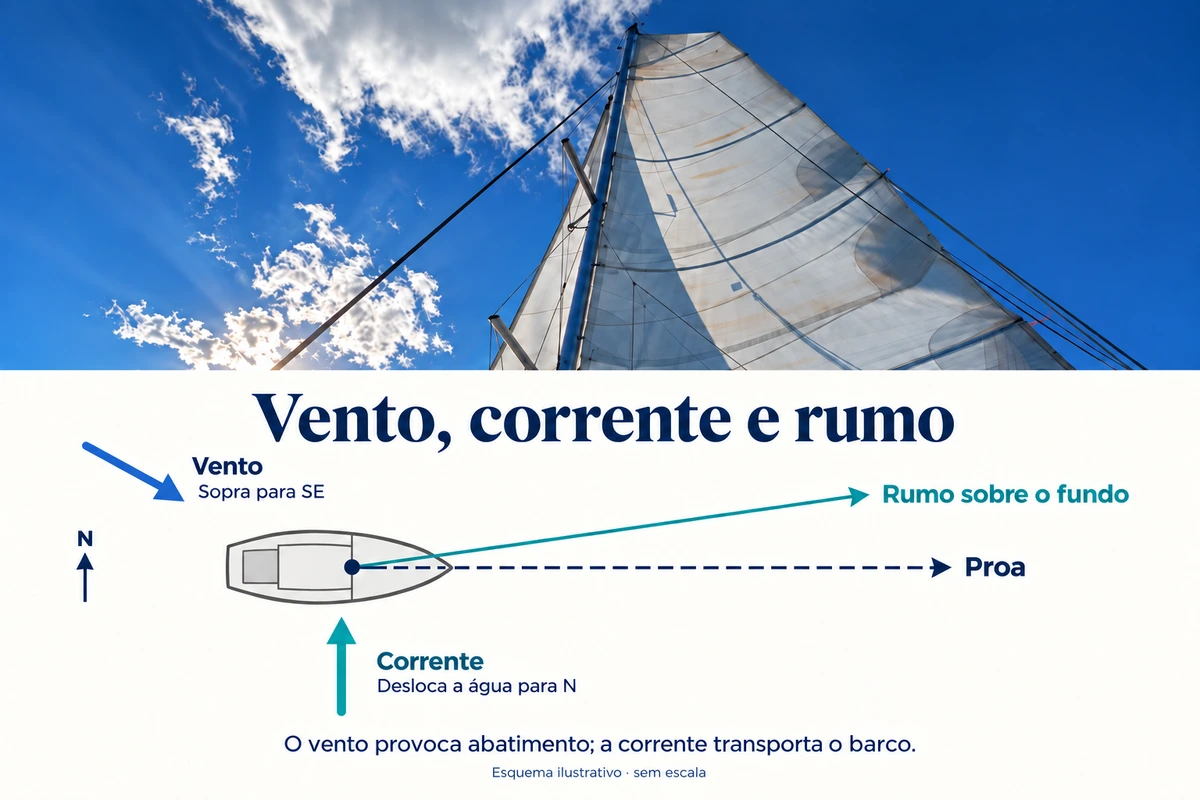 Fotografia das velas nas Sarónicas, com esquema da proa, do rumo sobre o fundo, do vento a soprar para sudeste e da corrente a correr para norte.