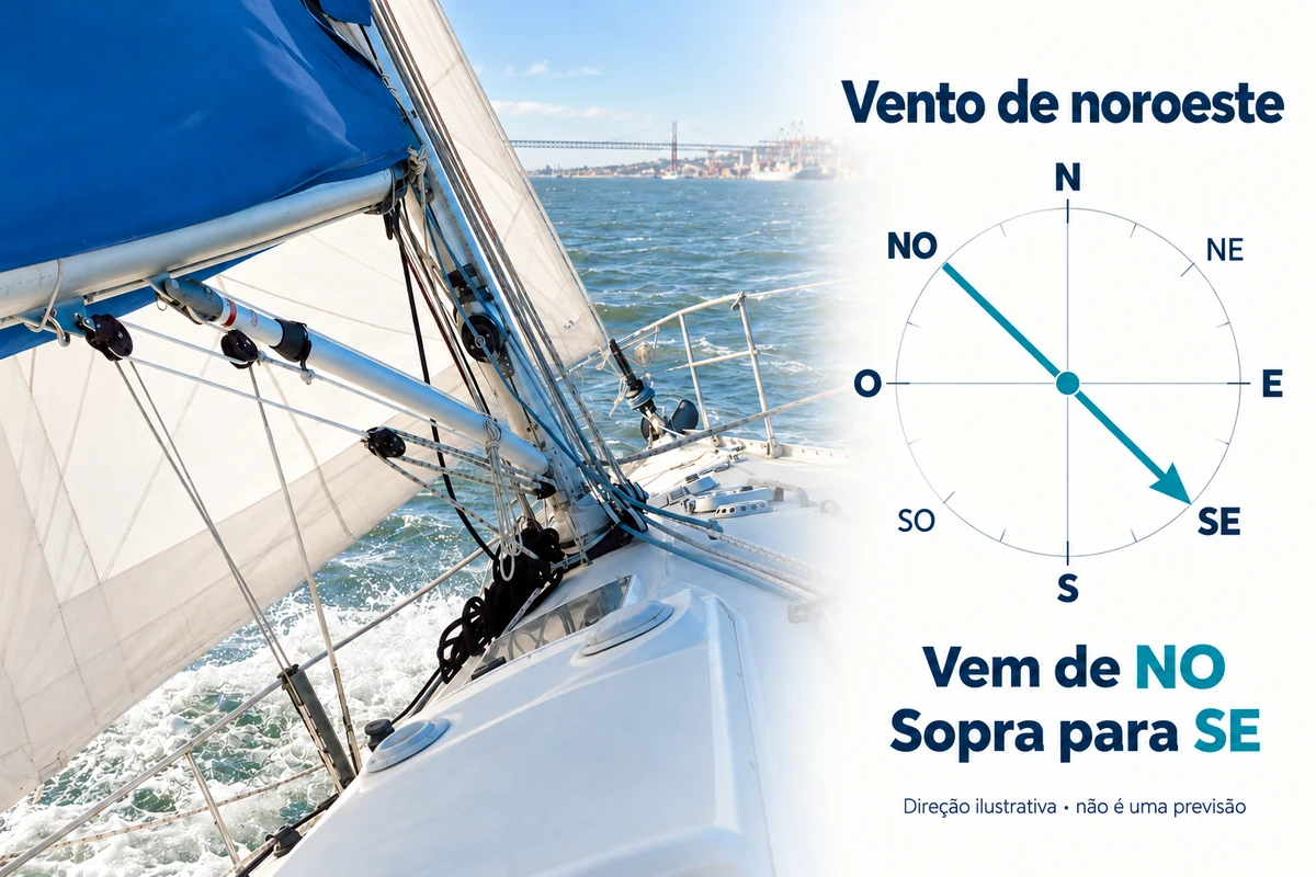 Fotografia do convés de um veleiro da Treino de Mar no Tejo, com rosa-dos-ventos e uma seta de NO para SE: o vento vem de noroeste e sopra para sudeste.