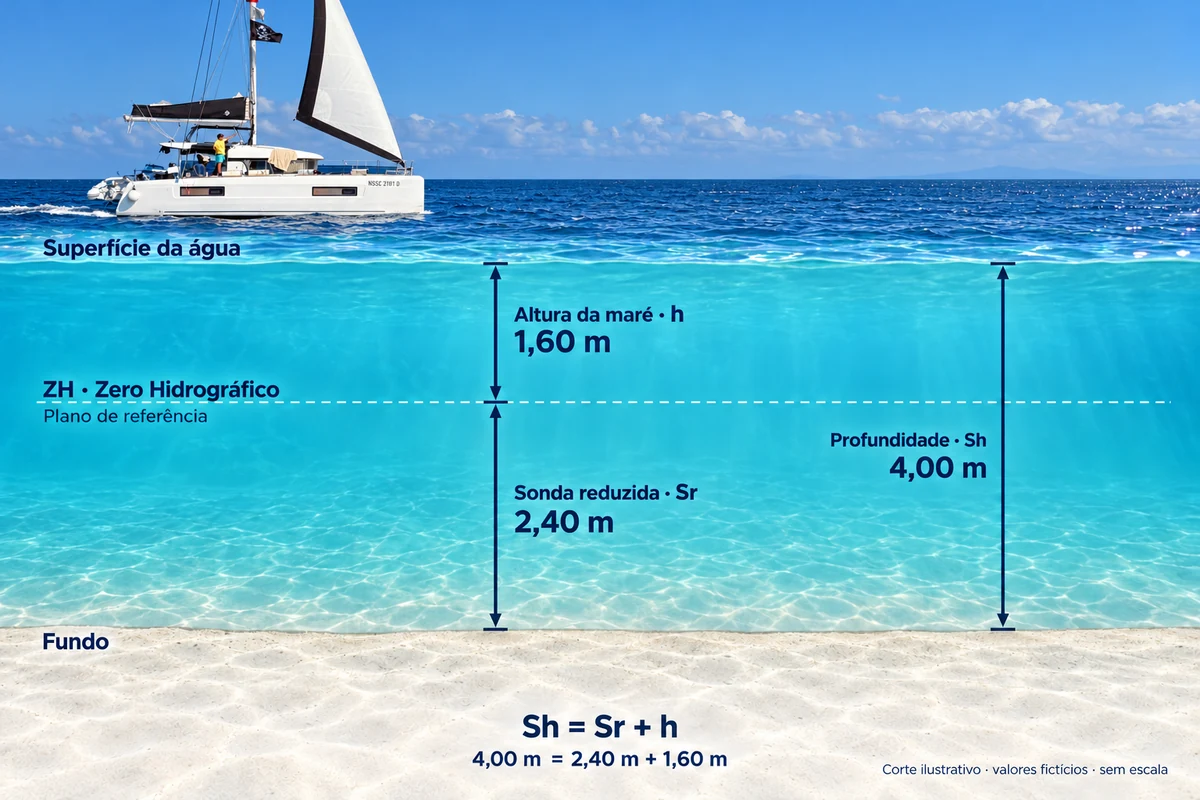 Montagem de um catamarã com pessoas a bordo e corte ilustrativo: altura da maré de 1,60 m, sonda reduzida de 2,40 m e profundidade de 4,00 m.